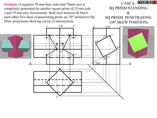 X Y
1
2
3
4
1’ 2’4’ 3’ 4” 1”3” 2”
300
c”
f”
a’
f’
c’
d’
b’
e’
CASE 6.
SQ.PRISM STANDING
&
SQ.PRISM PENETRATING
(300 SKEW POSITION)
Problem: A sq.prism 30 mm base sides.and 70mm axis is
completely penetrated by another square prism of 25 mm side
s.and 70 mm axis, horizontally. Both axes Intersect & bisect
each other.Two faces of penetrating prism are 300 inclined to Hp.
Draw projections showing curves of intersections.
 