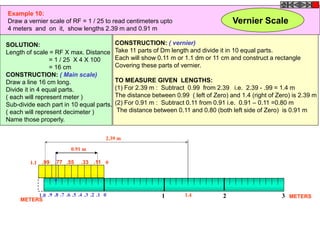 Example 10:
Draw a vernier scale of RF = 1 / 25 to read centimeters upto
4 meters and on it, show lengths 2.39 m and 0.91 m
.9 .8 .7 .6 .5 .4 .3 .2 .1
.99 .77 .55 .33 .11 01.1
0 1 2 31.0
SOLUTION:
Length of scale = RF X max. Distance
= 1 / 25 X 4 X 100
= 16 cm
CONSTRUCTION: ( Main scale)
Draw a line 16 cm long.
Divide it in 4 equal parts.
( each will represent meter )
Sub-divide each part in 10 equal parts.
( each will represent decimeter )
Name those properly.
CONSTRUCTION: ( vernier)
Take 11 parts of Dm length and divide it in 10 equal parts.
Each will show 0.11 m or 1.1 dm or 11 cm and construct a rectangle
Covering these parts of vernier.
TO MEASURE GIVEN LENGTHS:
(1) For 2.39 m : Subtract 0.99 from 2.39 i.e. 2.39 - .99 = 1.4 m
The distance between 0.99 ( left of Zero) and 1.4 (right of Zero) is 2.39 m
(2) For 0.91 m : Subtract 0.11 from 0.91 i.e. 0.91 – 0.11 =0.80 m
The distance between 0.11 and 0.80 (both left side of Zero) is 0.91 m
1.4
2.39 m
0.91 m
METERS
METERS
Vernier Scale
 