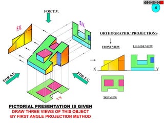 FOR T.V.
ORTHOGRAPHIC PROJECTIONS
FRONT VIEW
TOP VIEW
L.H.SIDE VIEW
X Y
4
PICTORIAL PRESENTATION IS GIVEN
DRAW THREE VIEWS OF THIS OBJECT
BY FIRST ANGLE PROJECTION METHOD
 