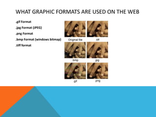 WHAT GRAPHIC FORMATS ARE USED ON THE WEB
.gif Format
.jpg Format (JPEG)
.png Format
.bmp Format (windows bitmap)
.tiff format
 