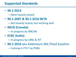 13
Supported Standards
• 90.1-2013
– Most heavily tested
• 90.1-2007 & 90.1-2010 BETA
– Not heavily tested, but working well
• NECB (Canada)
– In progress by NRCAN
• ECBC (India)
– In progress by LBNL & IIIT
• 90.1-2016 aka Addendum BM /fixed baseline
– Coming in FY17 by PNNL
 