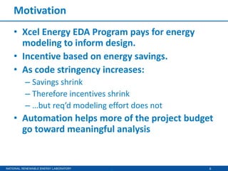 6
Motivation
• Xcel Energy EDA Program pays for energy
modeling to inform design.
• Incentive based on energy savings.
• As code stringency increases:
– Savings shrink
– Therefore incentives shrink
– …but req’d modeling effort does not
• Automation helps more of the project budget
go toward meaningful analysis
 