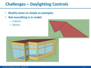 9
Challenges – Daylighting Controls
• Reality never as simple as examples
• Not everything is in model
– Cubicles
– Shelves
 