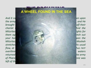 And it came to be, in the morning watch, that ‫יהוה‬ looked down upon
the army of the Mitsrites through the column of fire and cloud, and He
brought the army of the Mitsrites into confusion. And He took off their
chariot wheels, so that they drove them with difficulty. And the
Mitsrites said, “Let us flee from the face of Yisra’ĕl, for ‫יהוה‬ fights for
them against the Mitsrites.” Then ‫יהוה‬ said to Mosheh, “Stretch out
your hand over the sea, and let the waters come back upon the
Mitsrites, on their chariots, and on their horsemen.” And Mosheh
stretched out his hand over the sea, and the sea returned to its usual
flow, at the break of day, with the Mitsrites fleeing into it. Thus ‫יהוה‬
overthrew the Mitsrites in the midst of the sea, and the waters
returned and covered the chariots, and the horsemen, and all the army
of Pharaoh that came into the sea after them, and not even one was
left of them. (Exodus 14:24-28)
105
A WHEEL FOUND IN THE SEA
 