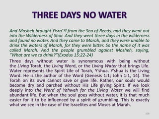 And Mosheh brought Yisra’?l from the Sea of Reeds, and they went out
into the Wilderness of Shur. And they went three days in the wilderness
and found no water. And they came to Marah, and they were unable to
drink the waters of Marah, for they were bitter. So the name of it was
called Marah. And the people grumbled against Mosheh, saying,
“What are we to drink?”(Exodus 15:22-24)
Three days without water is synonymous with being without
the Living Torah, the Living Word, or the Living Water that brings Life.
Water represents the Spirit Life of Torah, Y’shua. Y’shua is the Living
Word. He is the author of the Word (Genesis 1:1; John 1:1, 14). The
Torah on its own cannot save or give life. Rather, our souls would
become dry and parched without His Life giving Spirit. If we look
deeply into the Word of Yahweh for the Living Water we will find
abundant life. But when the soul goes without water, it is that much
easier for it to be influenced by a spirit of grumbling. This is exactly
what we see in the case of the Israelites and Moses at Marah.
108
 