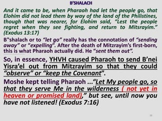 And it came to be, when Pharaoh had let the people go, that
Elohim did not lead them by way of the land of the Philistines,
though that was nearer, for Elohim said, “Lest the people
regret when they see fighting, and return to Mitsrayim.”
(Exodus 13:17)
B‟shalach or to “let go” really has the connotation of “sending
away” or “expelling”. After the death of Mitzrayim’s first-born,
this is what Pharaoh actually did. He “sent them out”.Now, “b‟shalach” is spelled “beit-shin-lamed-chet”. The numeric value of the letters in “b‟shalach” is 340, which equals the word “natzar” which, as we’ve already discussed, means to “keep the Covenant” or “observe the Covenant”.
So, in essence, YHVH caused Pharaoh to send B’nei
Yisra’el out from Mitzrayim so that they could
“observe” or “keep the Covenant”.
Moshe kept telling Pharaoh ...“Let My people go, so
that they serve Me in the wilderness ( not yet in
heaven or promised land),” but see, until now you
have not listened! (Exodus 7:16)
38
 