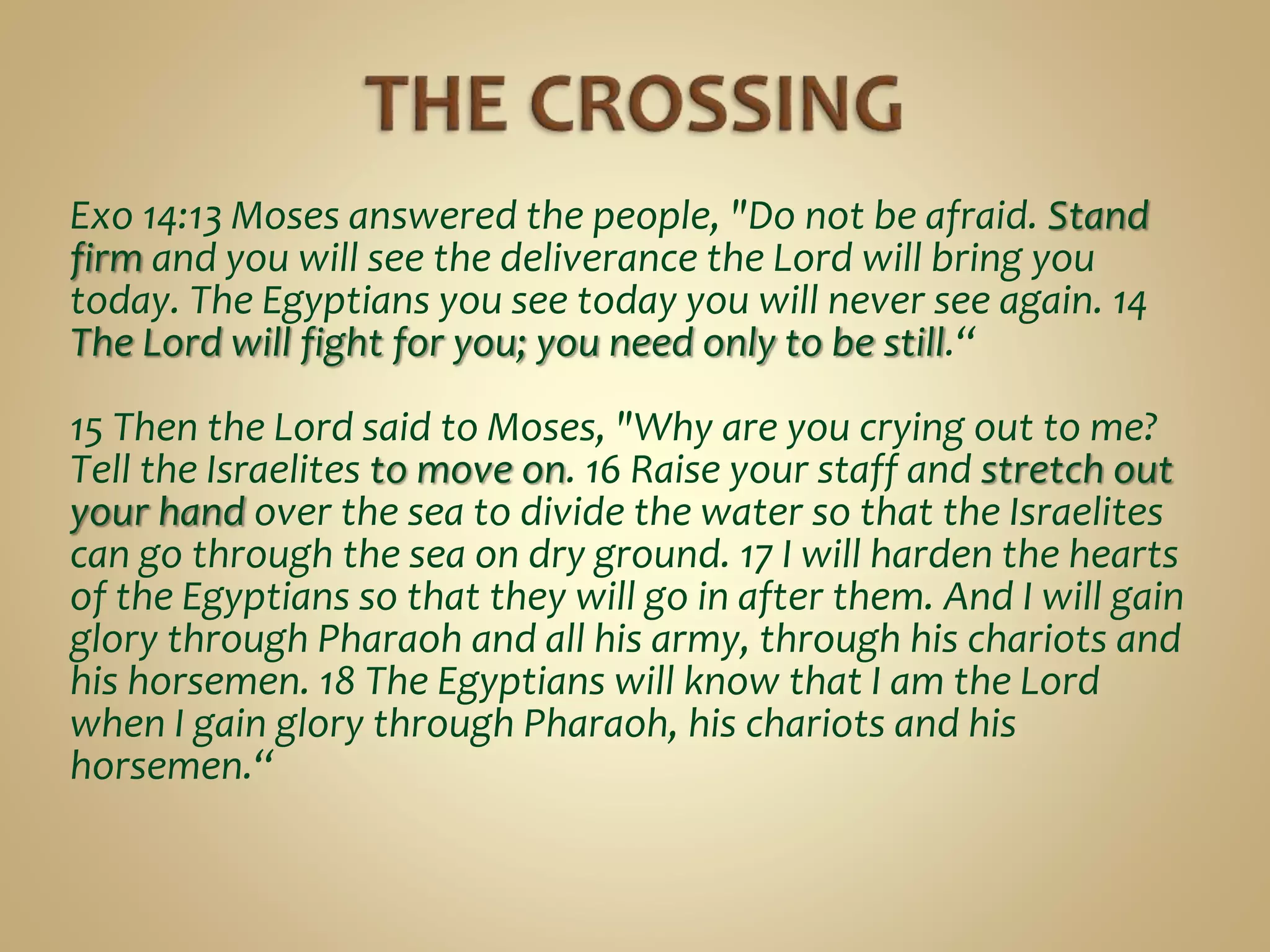 Exo 14:13 Moses answered the people, "Do not be afraid. Stand
firm and you will see the deliverance the Lord will bring you
today. The Egyptians you see today you will never see again. 14
The Lord will fight for you; you need only to be still.“
15 Then the Lord said to Moses, "Why are you crying out to me?
Tell the Israelites to move on. 16 Raise your staff and stretch out
your hand over the sea to divide the water so that the Israelites
can go through the sea on dry ground. 17 I will harden the hearts
of the Egyptians so that they will go in after them. And I will gain
glory through Pharaoh and all his army, through his chariots and
his horsemen. 18 The Egyptians will know that I am the Lord
when I gain glory through Pharaoh, his chariots and his
horsemen.“
 