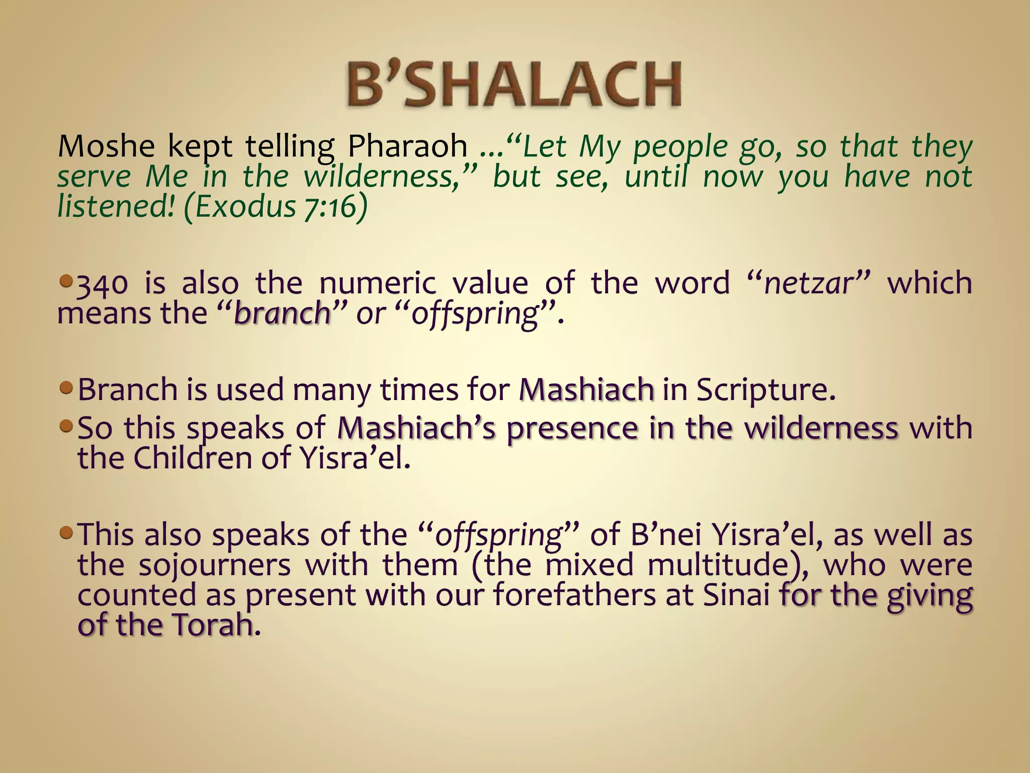 Moshe kept telling Pharaoh ...“Let My people go, so that they
serve Me in the wilderness,” but see, until now you have not
listened! (Exodus 7:16)
340 is also the numeric value of the word “netzar” which
means the “branch” or “offspring”.
Branch is used many times for Mashiach in Scripture.
So this speaks of Mashiach’s presence in the wilderness with
the Children of Yisra’el.
This also speaks of the “offspring” of B’nei Yisra’el, as well as
the sojourners with them (the mixed multitude), who were
counted as present with our forefathers at Sinai for the giving
of the Torah.
 