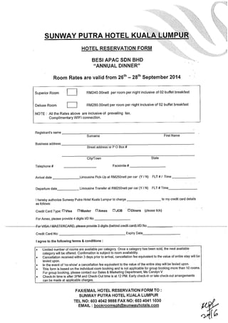 Room Reservation Form Besi APAC Sdn Bhd "Annual Dinner" 26-28 September 2014