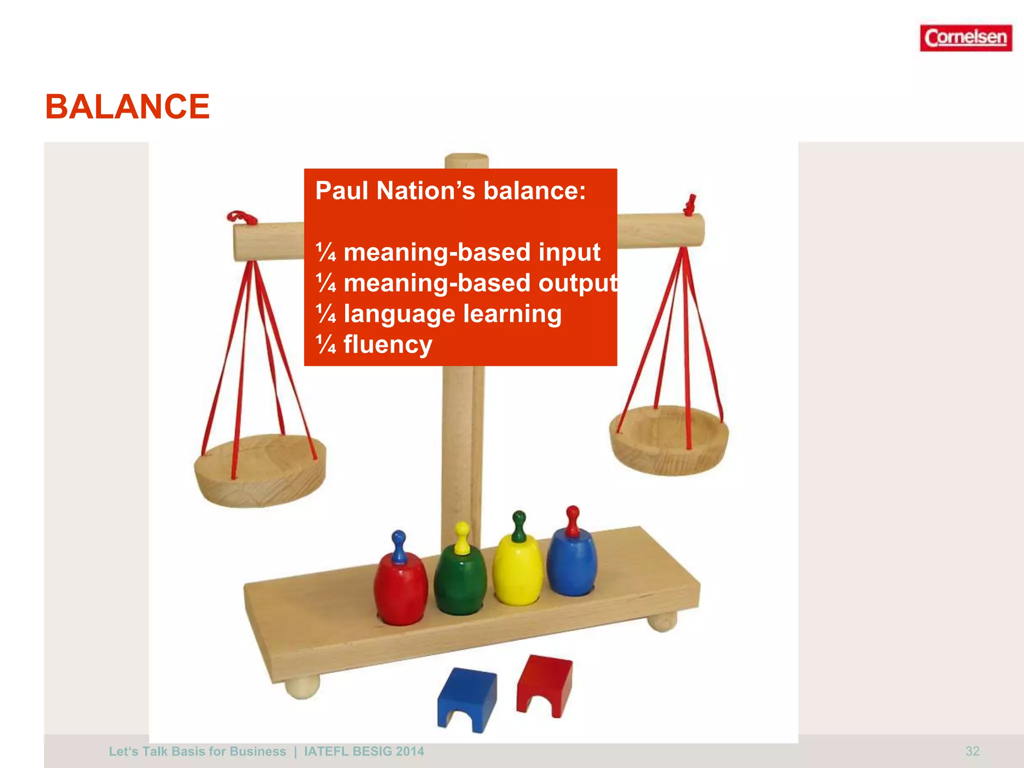 BALANCE 
Paul Nation’s balance: 
¼ meaning-based input 
¼ meaning-based output 
¼ language learning 
¼ fluency 
Let‘s Talk Basis for Business | IATEFL BESIG 2014 32 
 
