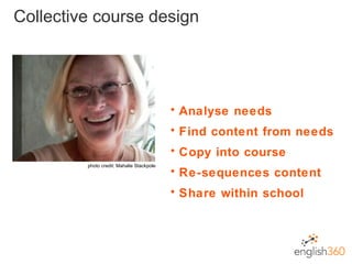 Collective course design <ul><li>Analyse needs </li></ul><ul><li>Find content from needs </li></ul><ul><li>Copy into cours...