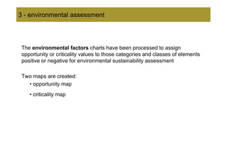 3 - environmental assessment




 The environmental factors charts have been processed to assign
 opportunity or criticality values to those categories and classes of elements
 positive or negative for environmental sustainability assessment

 Two maps are created:
   • opportunity map
    • criticality map
 