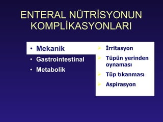ENTERAL NÜTRİSYONUN KOMPLİKASYONLARI Mekanik Gastrointestinal Metabolik İrritasyon Tüpün yerinden oynaması Tüp tıkanması Aspirasyon 
