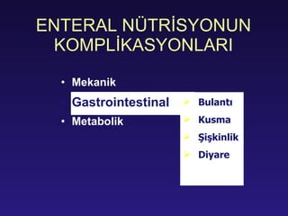 ENTERAL NÜTRİSYONUN KOMPLİKASYONLARI Mekanik Gastrointestinal Metabolik Bulantı Kusma Şişkinlik Diyare 