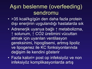Aşırı beslenme (overfeeding) sendromu >35 kcal/kg/gün den daha fazla protein dışı enerjinin uygulandığı hastalarda sık Adrenerjik uyarıya bağlı ↑ metabolizma, ↑ solunum, ↑ CO2 üretimini vücuttan atmak için uyarılan ventilasyon gereksinimi, hipoglisemi, artmış lipoliz ve lipogenez ile KC fonksiyonlarında değişim ile kendini gösterir Fazla kalori= post op infeksiyöz ve non infeksiyöz komplikasyonlarda artış 