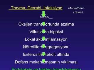 Travma, Cerrahi, İnfeksiyon   Mediatörler   Travma cevabı   Oksijen transportunda azalma Villuslarda hipoksi Lokal akut inflamasyon Nötrofillerin agregasyonu Enterositler tehdit altında Defans mekanizmasının yıkılması Endotoksin ve bakteri translokasyonu 