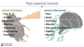 System 1 (Intuition)
 Fast
 Parallel
 Automatic
 Effortless
 Associative
 Slow-learning
 Emotional
System 2 (Reasoning)
 Slow
 Serial
 Controlled
 Effortful
 Rule-governed (deductive)
 Flexible
 Neutral
TWO COGNITIVE SYSTEMS
2
 