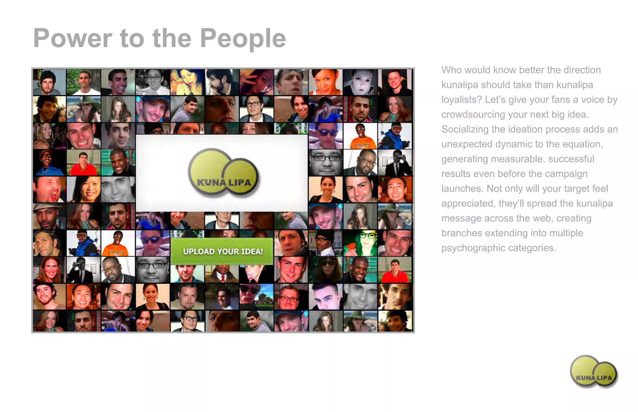 Power to the People
                                                         Who would know better the direction
                                                         kunalipa should take than kunalipa
                                                         loyalists? Let’s give your fans a voice by
                                                         crowdsourcing your next big idea.
                                                         Socializing the ideation process adds an
                                                         unexpected dynamic to the equation,
                                                         generating measurable, successful
                                                         results even before the campaign
                                                         launches. Not only will your target feel
                                                         appreciated, they’ll spread the kunalipa
                                                         message across the web, creating
                                                         branches extending into multiple
                                                         psychographic categories.




Powered by TCPDF (www.tcpdf.org)
 