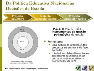 Da Política Educativa Nacional às Decisões de Escola P.C.E. e P.C.T . – são  instrumentos da gestão pedagógica  da escola Fomentam: uma cultura de reflexão e dos processos de ensinar e de fazer aprender o trabalho colaborativo entre os professores  (e mesmo entre outros actores educativos – coordenador da BE!) Projecto Curricular Turma Projecto  Curricular Escola Projecto  Educativo Carlinda Leite, Para uma escola curricularmente inteligente. P.118 P.C.T. P.C.E. P.E.E. 