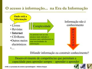O acesso à informação...  na Era da Informação Livros Revistas Internet   CD-Roms Outros meios  electrónicos .... Onde está a informação Complexidade As pessoas tem ao seu alcance mais métodos e recursos para satisfazerem as suas necessidades de informação Informação não é conhecimento D E S A F I O Difundir informação ou construir conhecimento? Desenvolvimento de competências que permitam a capacidade para aprender sempre – aprender a aprender 