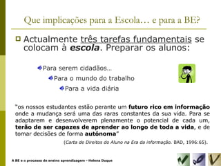 “ os nossos estudantes estão perante um  futuro rico em informação  onde a mudança será uma das raras constantes da sua vida. Para se adaptarem e desenvolverem plenamente o potencial de cada um,  terão de ser capazes de aprender ao longo de toda a vida , e de tomar decisões de forma  autónoma ” ( Carta de Direitos do Aluno na Era da informação.  BAD, 1996:65).   Que implicações para a Escola… e para a BE? Actualmente  três tarefas fundamentais  se colocam à  escola . Preparar os alunos: Para serem cidadãos… Para o mundo do trabalho Para a vida diária 