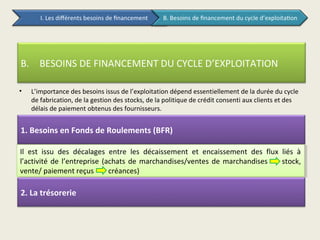 B. BESOINS DE FINANCEMENT DU CYCLE D’EXPLOITATION

•   L’importance des besoins issus de l’exploitation dépend essentiellement de la durée du cycle
    de fabrication, de la gestion des stocks, de la politique de crédit consenti aux clients et des
    délais de paiement obtenus des fournisseurs.


1. Besoins en Fonds de Roulements (BFR)

IlIl est issu des décalages entre les décaissement et encaissement des flux liés àà
      est issu des décalages entre les décaissement et encaissement des flux liés
l’activité de l’entreprise (achats de marchandises/ventes de marchandises
  l’activité de l’entreprise (achats de marchandises/ventes de marchandises stock,
                                                                             stock,
vente/ paiement reçus
  vente/ paiement reçus créances)
                               créances)

2. La trésorerie
 