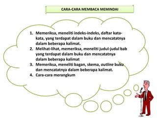 CARA-CARA MEMBACA MEMINDAI
1. Memeriksa, meneliti indeks-indeks, daftar kata-
kata, yang terdapat dalam buku dan mencatatnya
dalam beberapa kalimat.
2. Melihat-lihat, memeriksa, meneliti judul-judul bab
yang terdapat dalam buku dan mencatatnya
dalam beberapa kalimat
3. Memeriksa, meneliti bagan, skema, outline buku
dan mencatatnya dalam beberapa kalimat.
4. Cara-cara merangkum