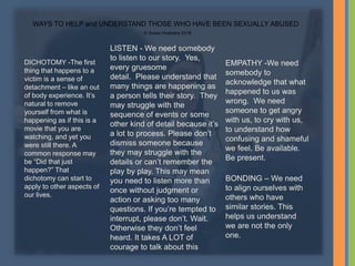 DICHOTOMY -The first
thing that happens to a
victim is a sense of
detachment – like an out
of body experience. It’s
natural to remove
yourself from what is
happening as if this is a
movie that you are
watching, and yet you
were still there. A
common response may
be “Did that just
happen?” That
dichotomy can start to
apply to other aspects of
our lives.
LISTEN - We need somebody
to listen to our story. Yes,
every gruesome
detail. Please understand that
many things are happening as
a person tells their story. They
may struggle with the
sequence of events or some
other kind of detail because it’s
a lot to process. Please don’t
dismiss someone because
they may struggle with the
details or can’t remember the
play by play. This may mean
you need to listen more than
once without judgment or
action or asking too many
questions. If you’re tempted to
interrupt, please don’t. Wait.
Otherwise they don’t feel
heard. It takes A LOT of
courage to talk about this
EMPATHY -We need
somebody to
acknowledge that what
happened to us was
wrong. We need
someone to get angry
with us, to cry with us,
to understand how
confusing and shameful
we feel. Be available.
Be present.
BONDING – We need
to align ourselves with
others who have
similar stories. This
helps us understand
we are not the only
one.
WAYS TO HELP and UNDERSTAND THOSE WHO HAVE BEEN SEXUALLY ABUSED
© Susan Hoekstra 2018
 