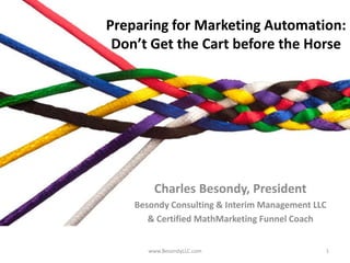 Preparing for Marketing Automation:
Don’t Get the Cart before the Horse
Charles Besondy, President
Besondy Consulting & Interim Management LLC
& Certified MathMarketing Funnel Coach
www.BesondyLLC.com 1
 