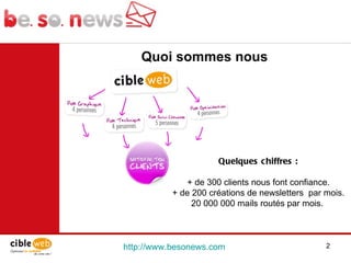 http://www.besonews.com  Quoi sommes nous Quelques chiffres : + de 300 clients nous font confiance. + de 200 créations de newsletters  par mois. 20 000 000 mails routés par mois.  