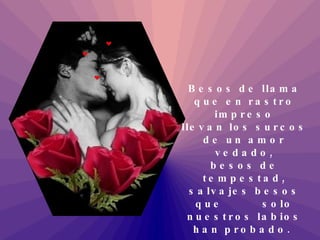Besos de llama que en rastro impreso llevan los surcos de un amor vedado, besos de tempestad, salvajes besos que  solo nuestros labios han probado.  