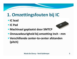1. Omzettingsfouten bij IC
 IC lead
 IC Pad
 Machinaal geplaatst door SMTCP
 Onnauwkeurigheid bij omzetting Inch - mm
 Verschillende center-to-center afstanden
 (pitch)


           Nicola De Clercq – Yentl Geldmeyer   5
 