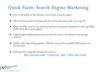 Quick Facts: Search Engine Marketing 85% of all traffic on the Internet comes from a search engine 90% of all users don’t look past the first 30 results (most only view top 10) Many websites aren’t even indexed, and most are poorly optimized so they get little traffic from the search engines Search Engine Marketing has proven to be the most cost-effective advertising solution Unlike other advertising options, SEM has clear and measurable ROI (return on investment) SEM operates using this formula for success:  More (relevant) traffic + Good Conv. Rate = More Sales/Leads 