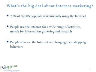 What’s the big deal about Internet marketing?  73% of the US population is currently using the Internet People use the Internet for a wide range of activities, mostly for information gathering and research People who use the Internet are changing their shopping behaviors 