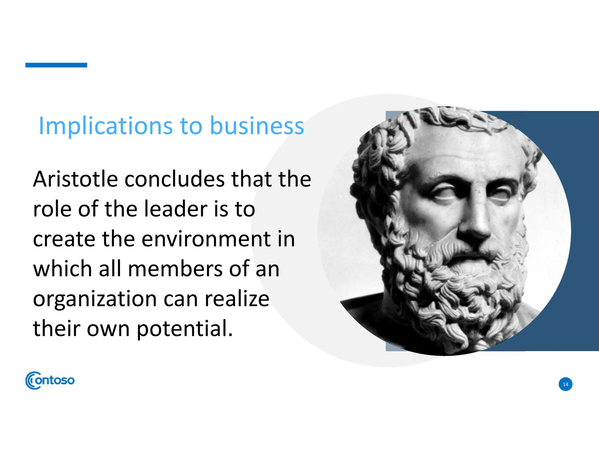 14
Aristotle concludes that the
role of the leader is to
create the environment in
which all members of an
organization can realize
their own potential.
Implications to business
 