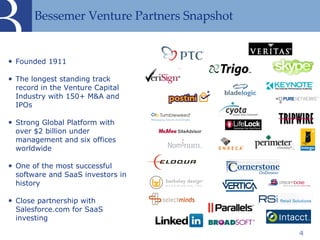 Bessemer Venture Partners Snapshot <ul><li>Founded 1911 </li></ul><ul><li>The longest standing track record in the Venture...