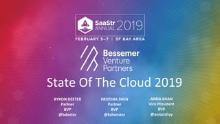 State Of The Cloud 2019
BYRON DEETER
Partner
BVP
@bdeeter
KRISTINA SHEN
Partner
BVP
@kshenster
ANNA KHAN
Vice President
BVP
@annarchyy
 