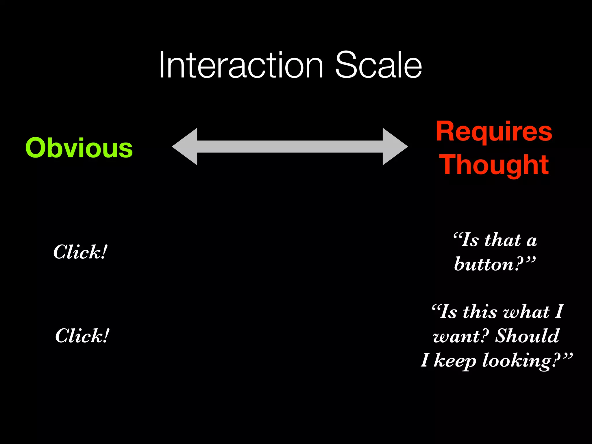 Interaction Scale
                              Requires
Obvious
                              Thought

                               “Is that a
 Click!
                               button?”

                           “Is this what I
 Click!                     want? Should
                          I keep looking?”
 