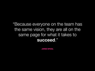 “Because everyone on the team has
 the same vision, they are all on the
   same page for what it takes to
            succeed.”
               JARED SPOOL
 