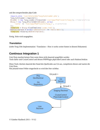 und den entsprechenden php-Code:




Fertig. Seite wird ausgegeben.


Translation
(siehe Twig I18n Implementation / Translation – How it works weiter hinten in diesem Dokument)


Continous Integration 1
Unit-Tests machen keinen Sinn wenn diese nicht dauernd ausgeführt werden
Tools dafür sind CruiseControl und dessen PHPPlugin phpUnderControl oder auch Hudson/Jenkins

Diese Tools checken dauernd den Stand des Quellcodes aus Git aus, compilieren diesen und starten die
Unit-Tests.
Hat jemand einen Fehler eingecheckt so wird dies hier sichtbar.




© Günther Haslbeck 2011 – V 0.2
 
