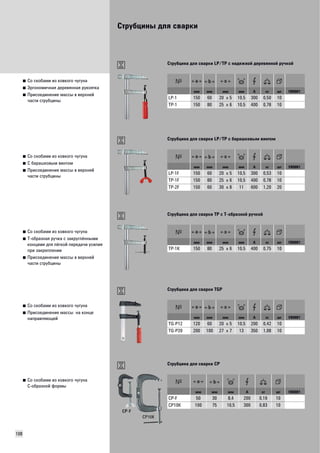Струбцины для сварки 
108 
■ Со скобами из ковкого чугуна 
■ Эргономичная деревянная рукоятка 
■ Присоединение массы в верхней 
части струбцины 
Струбцина для сварки LP/TP с надежной деревянной ручкой 
мм мм мм мм A кг шт VB0001 
LP-1 150 60 20 x 5 10,5 300 0,50 10 
TP-1 150 80 25 x 6 10,5 400 0,78 10 
■ Со скобами из ковкого чугуна 
■ C барашковым винтом 
■ Присоединение массы в верхней 
части струбцины 
Струбцина для сварки LP/TP с барашковым винтом 
мм мм мм мм A кг шт VB0001 
LP-1F 150 60 20 x 5 10,5 300 0,53 10 
TP-1F 150 80 25 x 6 10,5 400 0,78 10 
TP-2F 150 60 30 x 8 11 600 1,20 20 
■ Со скобами из ковкого чугуна 
■ Т-образная ручка с закруглёнными 
концами для лёгкой передачи усилия 
при закреплении 
■ Присоединение массы в верхней 
части струбцины 
Струбцина для сварки TP с Т-образной ручкой 
мм мм мм мм A кг шт VB0001 
TP-1K 150 80 25 x 6 10,5 400 0,75 10 
■ Со скобами из ковкого чугуна 
■ Присоединение массы на конце 
направляющей 
Струбцина для сварки TGP 
мм мм мм мм A кг шт VB0001 
TG-P12 120 60 20 x 5 10,5 200 0,42 10 
TG-P20 200 100 27 x 7 13 350 1,08 10 
■ Со скобами из ковкого чугуна 
С-образной формы 
Струбцина для сварки CP 
мм мм мм A кг шт VB0001 
CP-F 50 30 8,4 200 0,19 10 
CP10K 100 75 10,5 300 0,83 10 
 