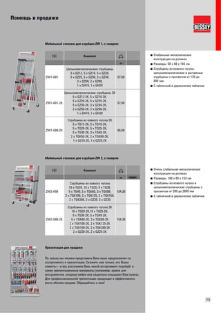 Помощь в продаже 
115 
■ Стабильная металлическая 
конструкция на роликах 
■ Размеры: 50 x 60 x 146 см 
■ Струбцины из ковкого чугуна, 
цельнометаллические и рычажные 
струбцины с просветом от 120 до 
600 мм 
■ С табличкой и держателем таблички 
Мобильный стеллаж для струбцин ZW 1, с товаром 
Комплект 
кг 
ZW1-A01 
Цельнометаллические струбцины 
5 x GZ12, 5 x GZ16, 5 x GZ20, 
5 x GZ25, 5 x GZ30, 3 x GZ40, 
2 x GZ50, 2 x GZ60, 
1 x GH16, 1 x GH20 
57,00 
ZW1-A01-2K 
Цельнометаллические струбцины 2K 
5 x GZ12-2K, 5 x GZ16-2K, 
5 x GZ20-2K, 5 x GZ25-2K, 
5 x GZ30-2K, 3 x GZ40-2K, 
2 x GZ50-2K, 2 x GZ60-2K, 
1 x GH16, 1 x GH20 
57,00 
ZW1-A99-2K 
Струбцины из ковкого чугуна 2K 
5 x TG12-2K, 5 x TG16-2K, 
5 x TG20-2K, 5 x TG25-2K, 
5 x TG30-2K, 3 x TG40-2K, 
2 x TGK50-2K, 2 x TGK60-2K, 
1 x GZ16-2K, 1 x GZ20-2K 
65,00 
■ Очень стабильная металлическая 
конструкция на роликах 
■ Размеры: 100 x 60 x 153 см 
■ Струбцины из ковкого чугуна и 
цельнометаллические струбцины с 
просветом от 200 до 2000 мм 
■ С табличкой и держателем таблички 
Мобильный стеллаж для струбцин ZW 2, с товаром 
Комплект 
кг VB0001 
ZW2-A99 
Струбцины из ковкого чугуна 
10 x TG20, 10 x TG25, 5 x TG30, 
5 x TG40, 5 x TGK60, 3 x TGK80, 
2 x TGK100, 2 x TGK125, 2 x TGK150, 
2 x TGK200, 2 x GZ20, 2 x GZ25 
154,30 
ZW2-A99-2K 
Струбцины из ковкого чугуна 2K 
10 x TG20-2K,10 x TG25-2K, 
5 x TG30-2K, 5 x TG40-2K, 
5 x TGK60-2K, 3 x TGK80-2K 
2 x TGK100-2K, 2 x TGK125-2K 
2 x TGK150-2K, 2 x TGK200-2K 
2 x GZ20-2K, 2 x GZ25-2K 
154,30 
Презентация для продажи 
По заказу мы можем представить Вам наши предложения по 
ассортименту и презентации. Скажите нам только, кто Ваши 
клиенты – и мы расскажем Вам, какой ассортимент подойдёт и 
какие презентационные материалы (например, крюки для 
инструментов, опорные рейки или защитные козырьки) Вам нужны. 
Для профессиональной презентации продукции и эффективного 
роста объема продаж. Обращайтесь к нам! 
 
