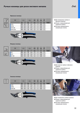 Ручные ножницы для резки листового металла 
123 
■ Для непрерывных прямых и 
фигурных разрезов 
■ Лезвия с микрозубцами для 
надежности работы 
■ Поставка праворежущих и 
леворежущих ножниц 
Идеальные ножницы 
мм " мм " мм кг шт VD0001 
D27A 260 10 R 33 1T 1,2 + + 0,52 5 
D27AL 260 10 R 33 1T 1,2 + + 0,52 5 
D27A-SB 260 10 R 33 1T 1,2 + + 0,52 5 
D27AL-SB 260 10 R 33 1T 1,2 + + 0,52 5 
■ Для коротких прямых и фигурных 
разрезов 
■ Лезвия с микрозубцами для 
надежности работы 
■ Поставка праворежущих и 
леворежущих ножниц 
Фигурные ножницы 
мм " мм " мм кг шт VD0001 
D27 260 10 R 40 1O 1,2 + + 0,49 5 
D27L 260 10 R 40 1O 1,2 + + 0,49 5 
D27-SB 260 10 R 40 1O 1,2 + + 0,49 5 
■ Для непрерывных прямых разрезов 
■ Лезвия с микрозубцами для 
надежности работы 
■ Поставка праворежущих и 
леворежущих ножниц 
Сквозные ножницы 
мм " мм " мм кг шт VD0001 
D27B 260 10 R 32 1T 1,2 + + 0,52 5 
D27BL 260 10 R 32 1T 1,2 + + 0,52 5 
D27B-SB 260 10 R 32 1T 1,2 + + 0,52 5 
 