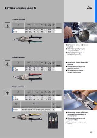 Фигурные ножницы Серия 16 
125 
■ Для коротких прямых и фигурных 
разрезов 
■ Лезвия с микрозубцами для 
надежности работы 
■ Поставка праворежущих и 
леворежущих ножниц 
Фигурные ножницы 
мм " мм " мм кг шт VD0001 
D16 240 9 I 40 1O 1,2 + + 0,38 10 
D16-SB 240 9 I 40 1O 1,2 + + 0,39 10 
■ Для коротких прямых и фигурных 
разрезов 
■ Лезвия с микрозубцами для 
надежности работы 
■ Поставка праворежщих и 
леворежущих ножниц 
Фигурные ножницы 
мм " мм " мм кг шт VD0001 
D16L 240 9 I 40 1O 1,2 + + 0,38 10 
D16L-SB 240 9 I 40 1O 1,2 + + 0,39 10 
■ Для коротких прямых и фигурных 
разрезов с большим радиусом 
вправо и влево 
■ Лезвие с микрозубцами для 
надежной работы 
■ Поставка только леворежущих 
ножниц 
Фигурные ножницы 
мм " мм " мм кг шт VD0001 
D16S 240 9 I 44 1 A 1,2 + + 0,38 10 
D16S-SB 240 9 I 44 1 A 1,2 + + 0,39 10 
Комплект 
шт VD0001 
DSET16 1 x D16, 1 x D16L и 1 x D16S в сумке-раскатке 1 
 