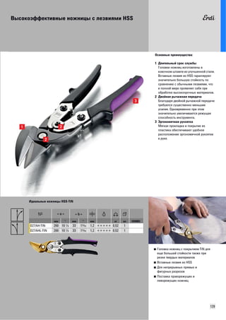 Высокоэффективные ножницы с лезвиями HSS 
Основные преимущества: 
1 Длительный срок службы 
Головки ножниц изготовлены в 
ковочном штампе из улучшенной стали. 
Вставные лезвия из HSS гарантируют 
значительно большую стойкость по 
сравнению с обычными лезвиями, что 
в полной мере проявляет себя при 
обработке высокопрочных материалов. 
2 Двойная рычажная передача 
Благодаря двойной рычажной передаче 
требуются существенно меньшие 
усилия. Одновременно при этом 
значительно увеличивается режущая 
способность инструмента. 
3 Эргономичная рукоятка 
Мягкая прокладка и покрытие из 
пластика обеспечивают удобное 
расположение эргономичной рукоятки 
в руке. 
■ Головка ножниц с покрытием TiN для 
еще большей стойкости также при 
резке твердых материалов 
■ Вставные лезвия из HSS 
■ Для непрерывных прямых и 
фигурных разрезов 
■ Поставка праворежущих и 
леворежущих ножниц 
129 
Идеальные ножницы HSS-TiN 
мм " мм " мм кг шт VD0003 
D27AH-TIN 260 10 R 33 1T 1,2 + + + + + 0,52 1 
D27AHL-TIN 260 10 R 33 1T 1,2 + + + + + 0,52 1 
 
