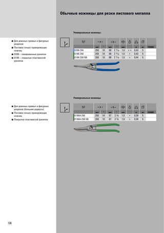 Обычные ножницы для резки листового металла 
136 
■ Для длинных прямых и фигурных 
разрезов 
■ Поставка только праворежущих 
ножниц 
■ D206 – лакированные рукоятки 
■ D106 – покрытые пластмассой 
рукоятки 
Универсальные ножницы 
мм " мм " мм кг шт VD0002 
D206-250 250 10 68 2 Ü 1,0 + + 0,43 5 
D106-250 250 10 68 2 Ü 1,0 + 0,43 5 
D106-250-SB 250 10 68 2 Ü 1,0 + 0,44 5 
■ Для длинных прямых и фигурных 
разрезов (большие радиусы) 
■ Поставка только праворежущих 
ножниц 
■ Покрытые пластмассой рукоятки 
Универсальные ножницы 
мм " мм " мм кг шт VD0002 
D106A-250 250 10 67 2 P 1,0 + 0,39 5 
D106A-250-SB 250 10 67 2 P 1,0 + 0,39 5 
 