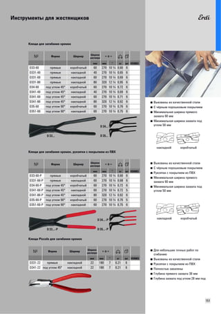 Инструменты для жестянщиков 
151 
■ Выкованы из качественной стали 
■ С чёрным порошковым покрытием 
■ Минимальная ширина прямого 
захвата 60 мм 
■ Минимальная ширина захвата под 
углом 50 мм 
Клещи для загибания кромок 
Форма Шарнир Ширина 
раствора 
мм мм " кг шт VD0003 
D33-60 прямые коробчатый 60 270 10 A 0,60 6 
D331-40 прямые накладной 40 270 10 A 0,65 6 
D331-60 прямые накладной 60 270 10 A 0,69 6 
D331-80 прямые накладной 80 320 12 A 0,95 6 
D34-60 под углом 45° коробчатый 60 270 10 A 0,72 6 
D341-40 под углом 45° накладной 40 270 10 A 0,69 6 
D341-60 под углом 45° накладной 60 270 10 A 0,71 6 
D341-80 под углом 45° накладной 80 320 12 A 0,92 6 
D35-60 под углом 90° коробчатый 60 270 10 A 0,76 6 
D351-60 под углом 90° накладной 60 270 10 A 0,75 6 
D 33... 
D 34... 
D 35... 
накладной коробчатый 
■ Выкованы из качественной стали 
■ С чёрным порошковым покрытием 
■ Рукоятки с покрытием из ПВХ 
■ Минимальная ширина прямого 
захвата 60 мм 
■ Минимальная ширина захвата под 
углом 50 мм 
Клещи для загибания кромок, pукоятки с покрытием из ПВХ 
Форма Шарнир Ширина 
раствора 
мм мм " кг шт VD0003 
D33-60-P прямые коробчатый 60 270 10 A 0,60 6 
D331-60-P прямые накладной 60 270 10 A 0,68 6 
D34-60-P под углом 45° коробчатый 60 270 10 A 0,72 6 
D341-60-P под углом 45° накладной 60 270 10 A 0,72 5 
D341-80-P под углом 45° накладной 80 320 12 A 0,92 6 
D35-60-P под углом 90° коробчатый 60 270 10 A 0,76 5 
D351-60-P под углом 90° накладной 60 270 10 A 0,75 6 
D 33...-P 
D 34...-P 
D 35...-P 
■ Для небольших точных работ по 
сгибанию 
■ Выкованы из качественной стали 
■ Рукоятки с покрытием из ПВХ 
■ Полностью закалены 
■ Глубина прямого захвата 30 мм 
■ Глубина захвата под углом 28 мм под 
Клещи Piccolo для загибания кромок 
Форма Шарнир Ширина 
раствора 
мм мм " кг шт VD0003 
D331-22 прямые накладной 22 180 7 0,21 6 
D341-22 под углом 45° накладной 22 180 7 0,21 6 
накладной коробчатый 
 