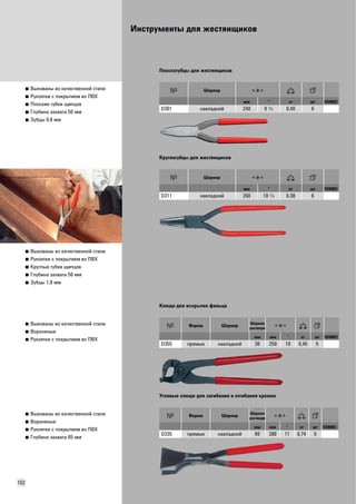 Инструменты для жестянщиков 
152 
■ Выкованы из качественной стали 
■ Рукоятки с покрытием из ПВХ 
■ Плоские губки щипцов 
■ Глубина захвата 50 мм 
■ Зубцы 0,8 мм 
Плоскогубцы для жестянщиков 
Шарнир 
мм " кг шт VD0003 
D301 накладной 240 9 I 0,40 6 
■ Выкованы из качественной стали 
■ Рукоятки с покрытием из ПВХ 
■ Круглые губки щипцов 
■ Глубина захвата 50 мм 
■ Зубцы 1,0 мм 
Круглогубцы для жестянщиков 
Шарнир 
мм " кг шт VD0003 
D311 накладной 260 10 R 0,38 6 
■ Выкованы из качественной стали 
■ Вороненые 
■ Рукоятки с покрытием из ПВХ 
Клещи для вскрытия фальца 
Форма Шарнир Ширина 
раствора 
мм мм " кг шт VD0003 
D355 прямые накладной 30 250 10 0,45 5 
■ Выкованы из качественной стали 
■ Вороненые 
■ Рукоятки с покрытием из ПВХ 
■ Глубина захвата 65 мм 
Угловые клещи для загибания и отгибания кромок 
Форма Шарнир Ширина 
раствора 
мм мм " кг шт VD0003 
D335 прямые накладной 60 280 11 0,74 5 
 