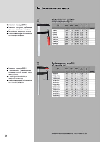 Струбцины из ковкого чугуна 
22 
■ Зажимное усилие до 6500 Н 
■ Усиленная конструкция для больших 
зажимных усилий и длинных деталей 
■ Эргономичная деревянная рукоятка 
■ Стабильная рифлёная направляющая 
со сплошным профилем 
Струбцина из ковкого чугуна TGKR 
с надежной деревянной ручкой 
мм мм мм кг шт VB0001 
TGKR50 500 120 35 x 11 2,70 5 
TGKR60 600 120 35 x 11 2,90 5 
TGKR80 800 120 35 x 11 3,50 5 
TGKR100 1000 120 35 x 11 4,00 5 
TGKR125 1250 120 35 x 11 4,70 1 
TGKR150 1500 120 35 x 11 5,20 1 
TGKR200 2000 120 35 x 11 6,50 1 
■ Зажимное усилие до 5500 Н 
■ Т-образная ручка с закруглёнными 
концами для лёгкой передачи усилия 
при зажимании 
■ С защитными накладками на 
зажимной поверхности 
■ Стабильная рифлёная направляющая 
со сплошным профилем 
Струбцина из ковкого чугуна TGRC 
с Т-образной ручкой 
мм мм мм кг шт VB0001 
TRC20KF 200 100 30 x 8 1,08 10 
TRC25S10KF 250 100 30 x 8 1,13 10 
TRC30S10KF 300 100 30 x 8 1,51 10 
TRC40S10KF 400 100 30 x 8 1,65 10 
TRC50S10KF 500 100 30 x 8 1,46 10 
TRC25S12KF 250 120 30 x 8 1,54 10 
TRC30S12KF 300 120 30 x 8 1,60 10 
TRC40S12KF 400 120 30 x 8 1,76 10 
TRC50S12KF 500 120 30 x 8 2,01 10 
TRC60S12KF 600 120 30 x 8 2,16 5 
TRC80S12KF 800 120 30 x 8 2,46 5 
Информация о принадлежностях: см. со страницы 109 
 