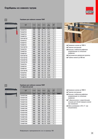 Струбцины из ковкого чугуна 
23 
■ Зажимное усилие до 7000 Н 
■ Тяжелая конструкция 
■ Большая, стабильная рифлёная 
направляющая со сплошным 
профилем 
■ Эргономичная деревянная рукоятка 
■ Глубина захвата до 500 мм 
Струбцина для глубокого зажима TGNT 
мм мм мм кг шт VB0001 
TGN30T20 300 200 35 x 11 3,11 1 
TGN40T20 400 200 35 x 11 3,41 1 
TGN60T20 600 200 35 x 11 3,97 1 
TGN80T20 800 200 35 x 11 4,67 1 
TGN100T20 1000 200 35 x 11 5,15 1 
TGN40T25 400 250 40 x 11 4,50 1 
TGN60T25 600 250 40 x 11 5,06 1 
TGN80T25 800 250 40 x 11 5,71 1 
TGN100T25 1000 250 40 x 11 6,63 1 
TGN40T30 400 300 45 x 12 5,58 1 
TGN60T30 600 300 45 x 12 6,41 1 
TGN80T30 800 300 45 x 12 7,39 1 
TGN100T30 1000 300 45 x 12 8,10 1 
TGN150T30 1500 300 45 x 12 10,50 1 
TGN200T30 2000 300 45 x 12 12,80 1 
TGN250T30 2500 300 45 x 12 15,10 1 
TGN40T40 400 400 45 x 12 6,70 1 
TGN60T40 600 400 45 x 12 7,69 1 
TGN80T40 800 400 45 x 12 8,41 1 
TGN100T40 1000 400 45 x 12 9,34 1 
TGN30T50 300 500 45 x 12 8,11 1 
TGN60T50 600 500 45 x 12 9,36 1 
TGN80T50 800 500 45 x 12 10,16 1 
■ Зажимное усилие до 7000 Н 
■ Тяжелая конструкция 
■ Большая, стабильная рифлёная 
направляющая со сплошным 
профилем 
■ Т-образная ручка с закруглёнными 
концами для лёгкой передачи усилия 
при зажимании 
■ Шины размерами от 40 x 11 мм 
неоцинкованы 
Струбцина для глубокого зажима TGNT 
с Т-образной ручкой 
мм мм мм кг шт VB0001 
TGN30T20K 300 200 35 x 11 3,05 1 
TGN40T20K 400 200 35 x 11 3,21 1 
TGN40T25K 400 250 40 x 11 4,36 1 
TGN60T25K 600 250 40 x 11 4,98 1 
TGN80T25K 800 250 40 x 11 5,64 1 
TGN40T30K 400 300 45 x 12 5,53 1 
TGN60T30K 600 300 45 x 12 6,29 1 
TGN80T30K 800 300 45 x 12 7,15 1 
TGN40T40K 400 400 45 x 12 6,63 1 
TGN60T40K 600 400 45 x 12 7,52 1 
TGN80T40K 800 400 45 x 12 8,33 1 
TGN30T50K 300 500 45 x 12 8,01 1 
TGN60T50K 600 500 45 x 12 9,16 1 
TGN80T50K 800 500 45 x 12 10,01 1 
Информация о принадлежностях: см. со страницы 109 
 